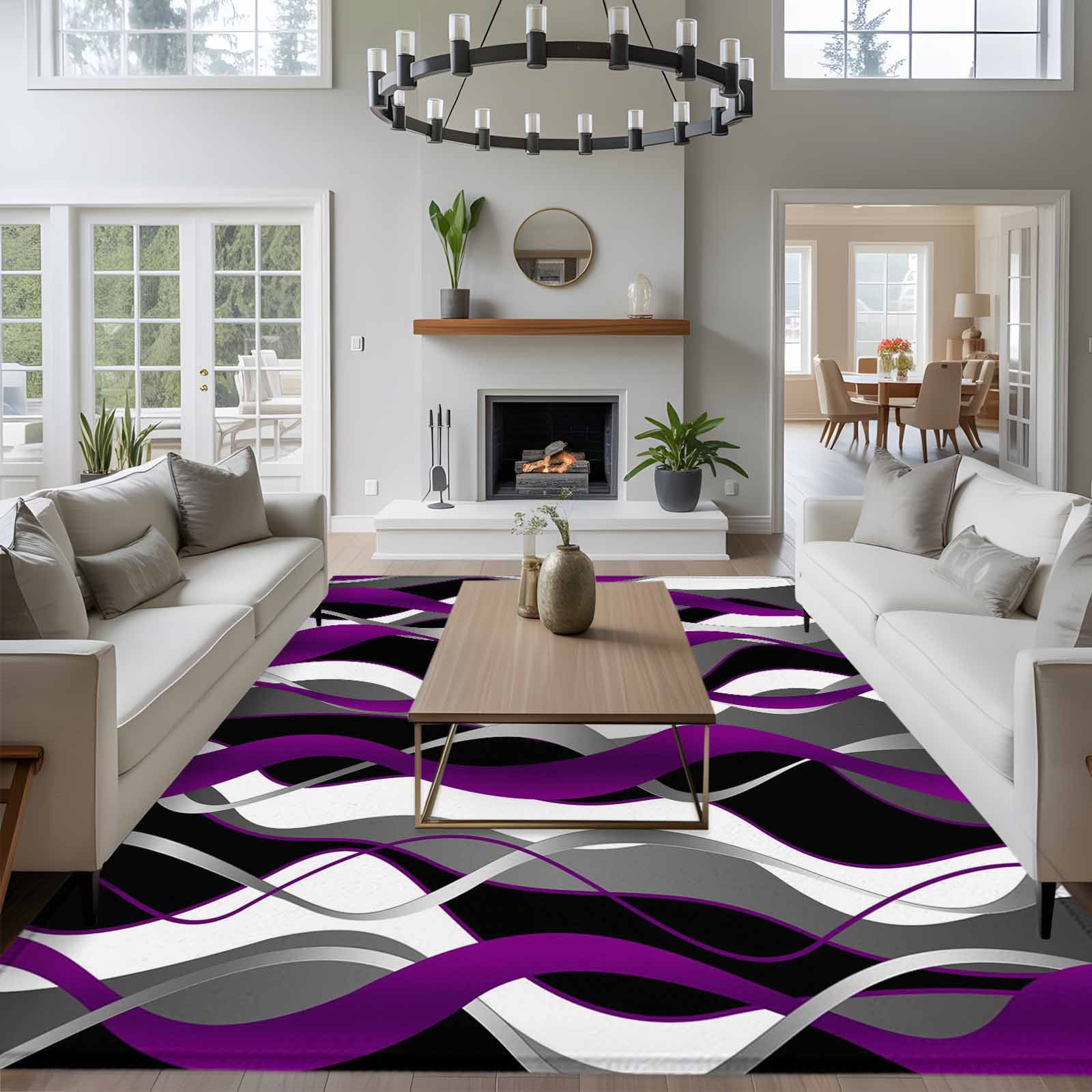 Modern Geometric Area Rugs 6'x9', Washable Small Throw Rugs for Kitchen Dining room, Abstract Minimalist Lines Purple Black Indoor Outdoor Rug Non-Slip Low Pile Carpet Runner Reversible Floor Mats