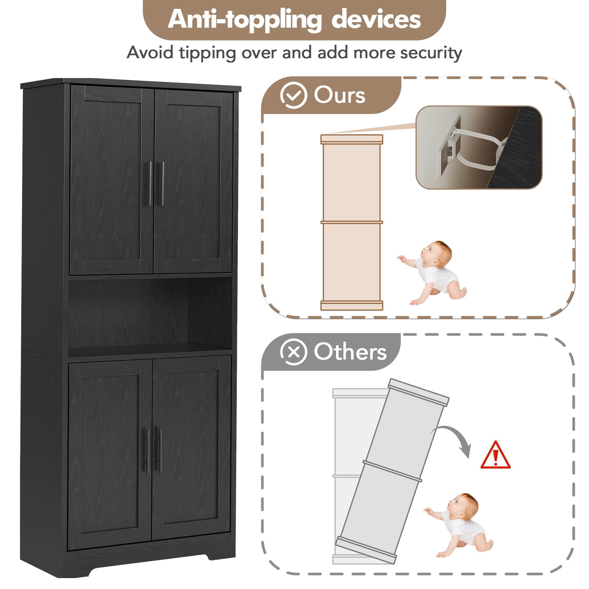 BouPower Pantry Cabinet,70" Tall Kitchen Pantry Cabinet with 2 Doors and 3 Adjustable Shelves, Freestanding Cupboard, Modern Tall Storage Cabinet for Bathroom, Dining Room, Living Room