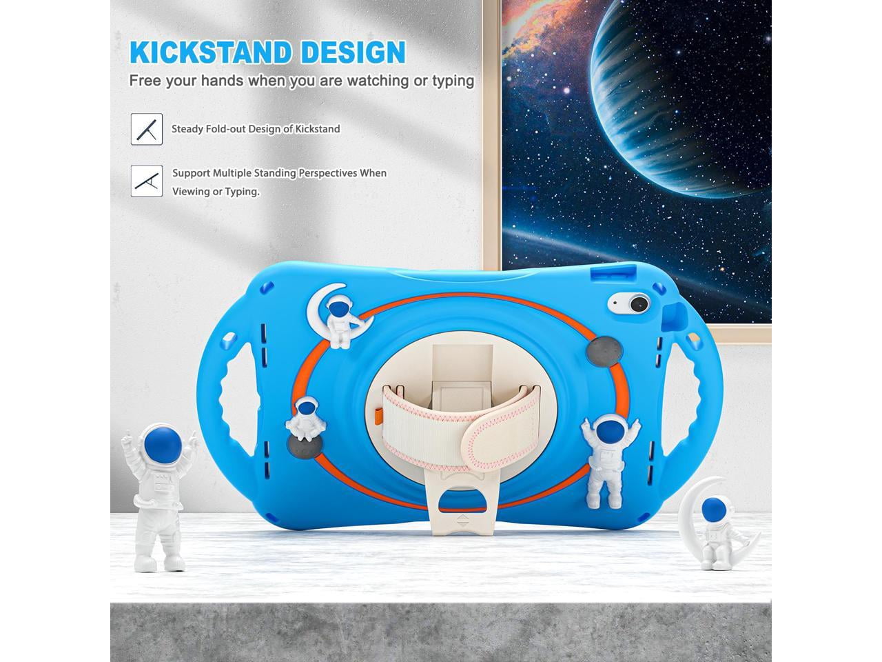 Cute Case for Apple iPad 10th Generation 10.9 inch 2022, Shockproof Silicone Astronaut Cover with Stand Shoulder Strap, Handle Grip, Pencil Holder Light Blue