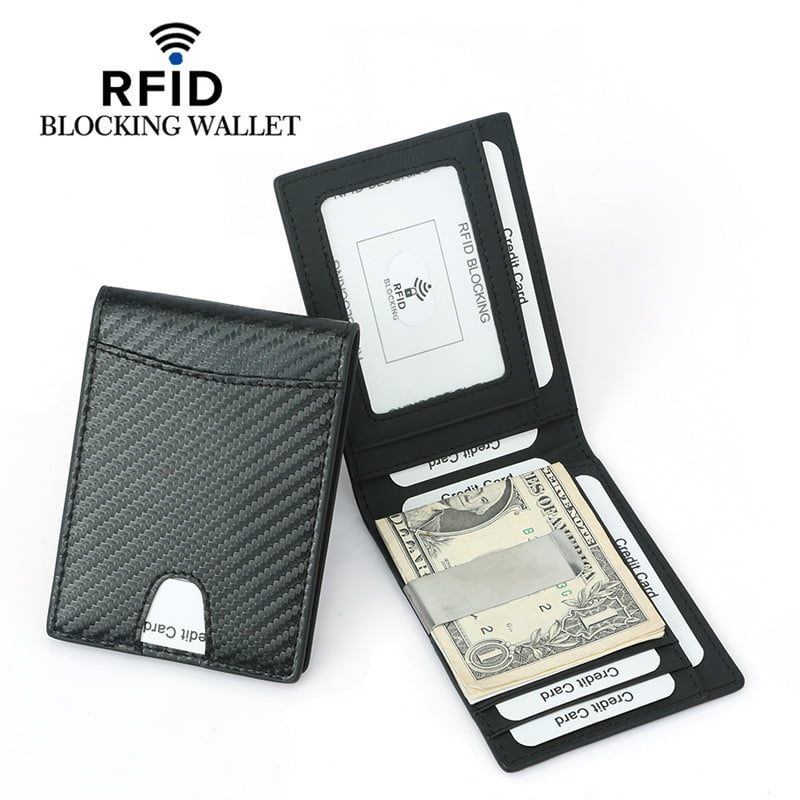 Leather RFID Blocking Strong Magnet thin Wallet C Carbon Fiber ID Window 2 Front Pocket Wallet Money Clip
