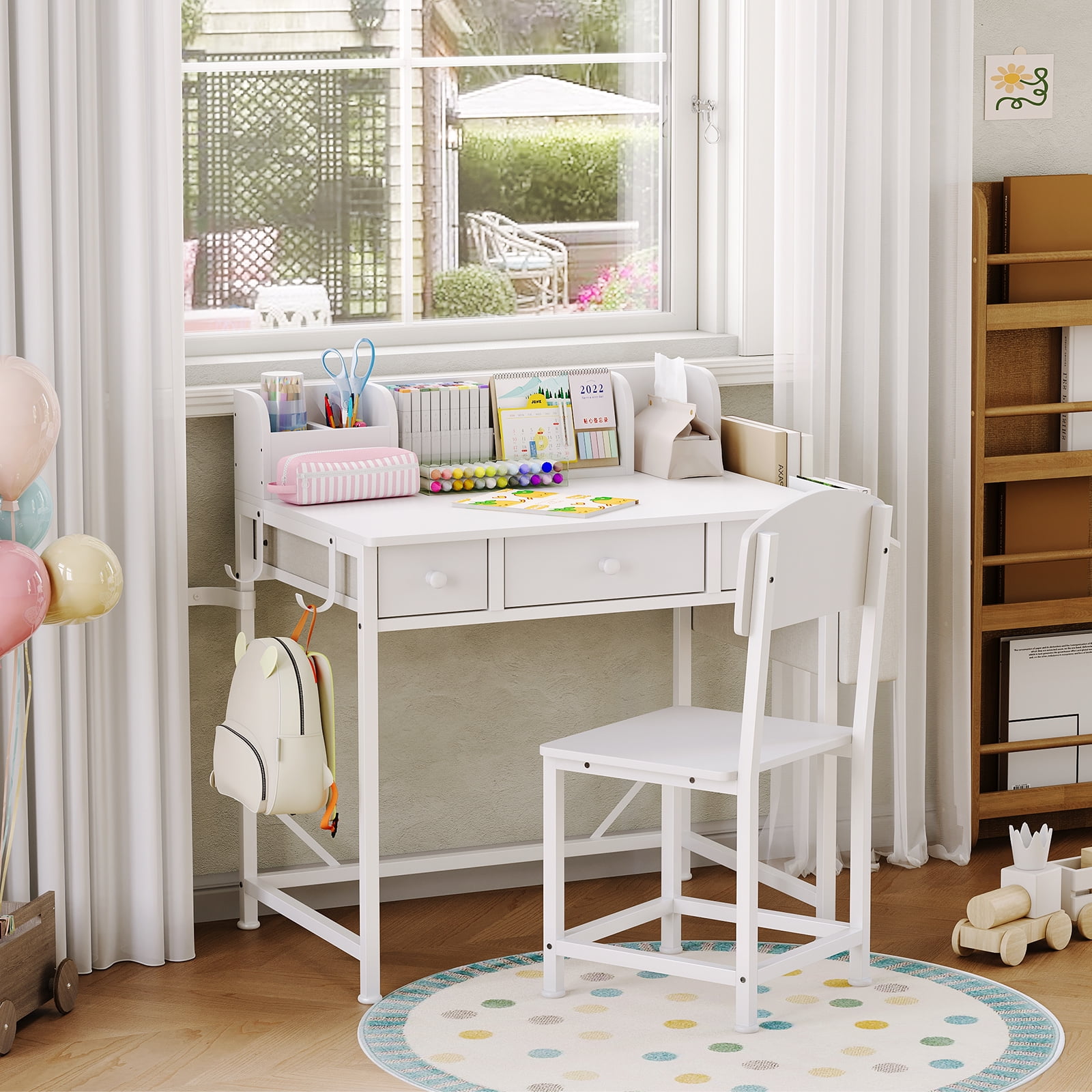 Kids Desk and Chair Set with 3 Drawers Storage Bag Hooks and Organizer Rail Sturdy Study Table for Children Ages 5-8