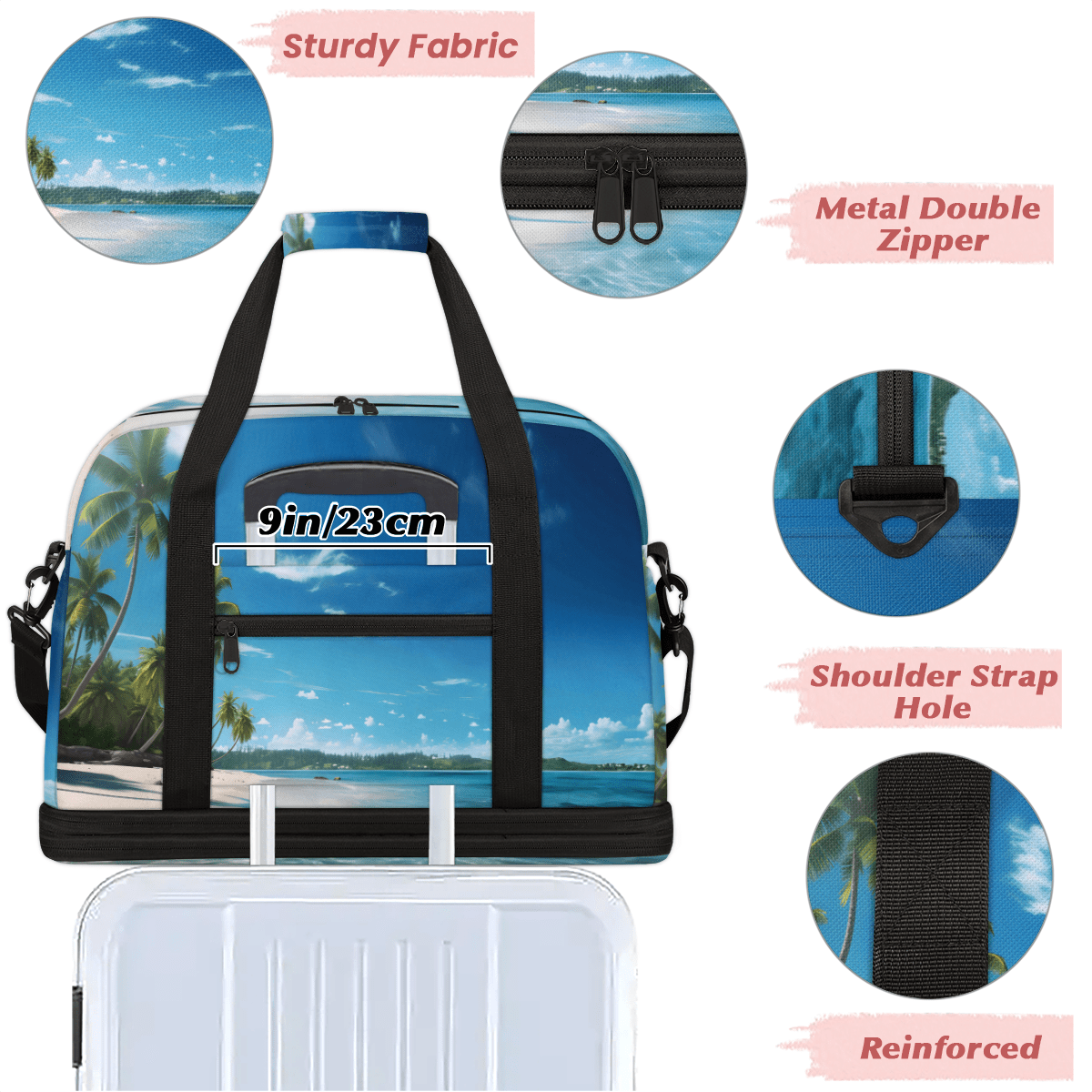 Herdesigns Beach Ocean Landscape Foldable Travel Duffel Bag with Shoe Compartment, Weekend Overnight Carry On Bags for Men Women, Large Sports Gym Luggage