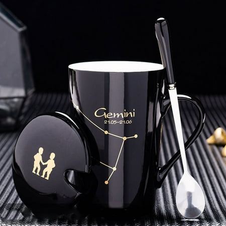 

Contellation Ceramic Mug with Lid Spoon Coffee Cup 12 Astrological Signs Black Unique Gift