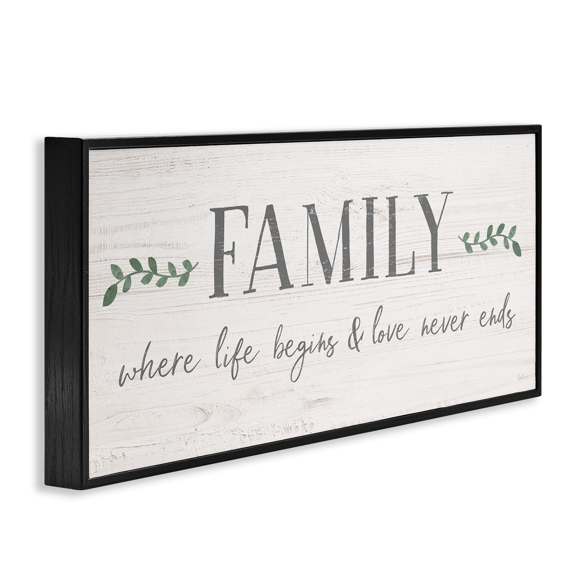 Stupell Industries Family Life Begins Love Never Ends Motivational Phrase Graphic Art Black Framed Art Print Wall Art, 30x13, by Natalie Carpentieri