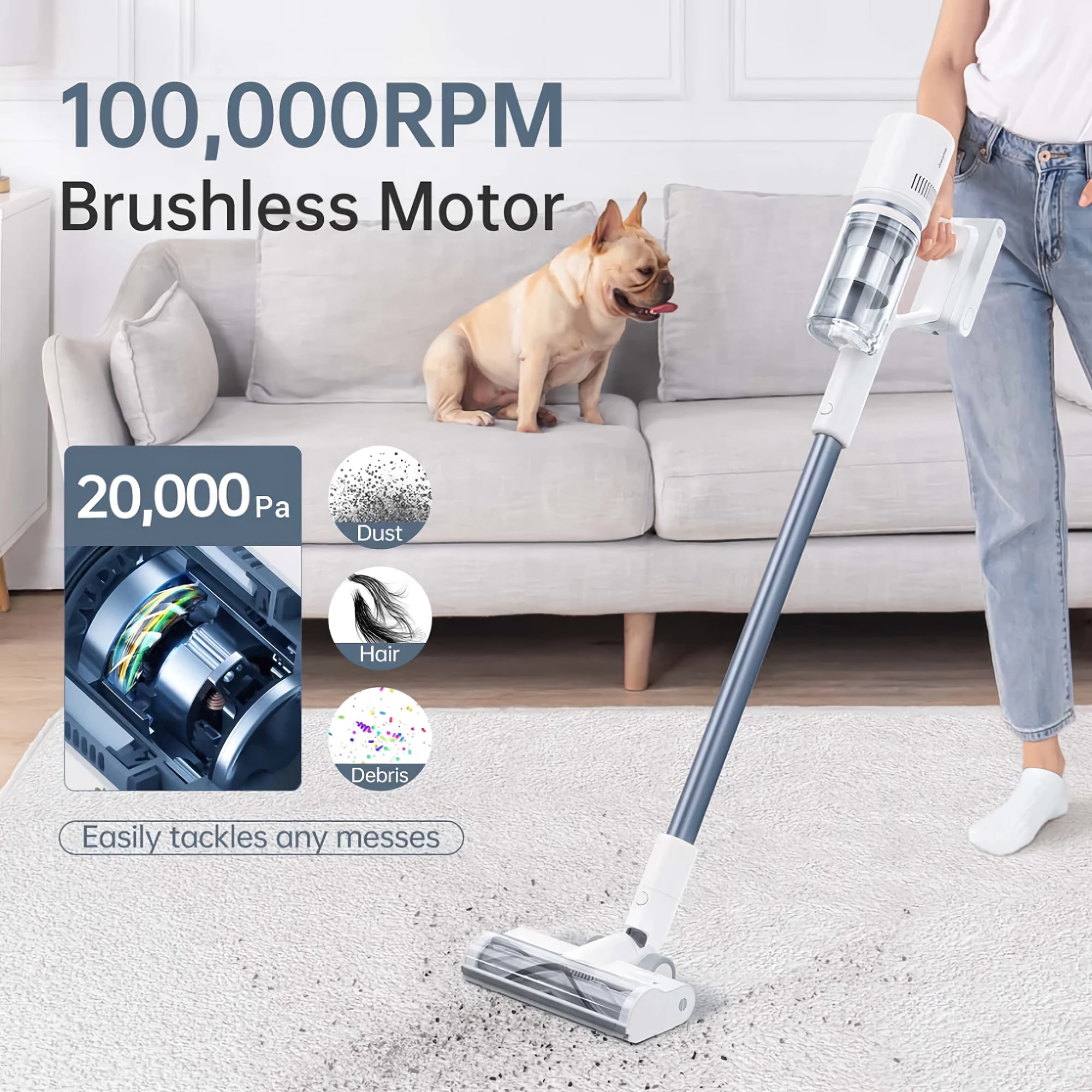Cordless Vacuum Cleaner, 350W Lightweight Stick Vacuum with 20Kpa Powerful Suction, LED Display for Home, Hard Floor, Pet Hair