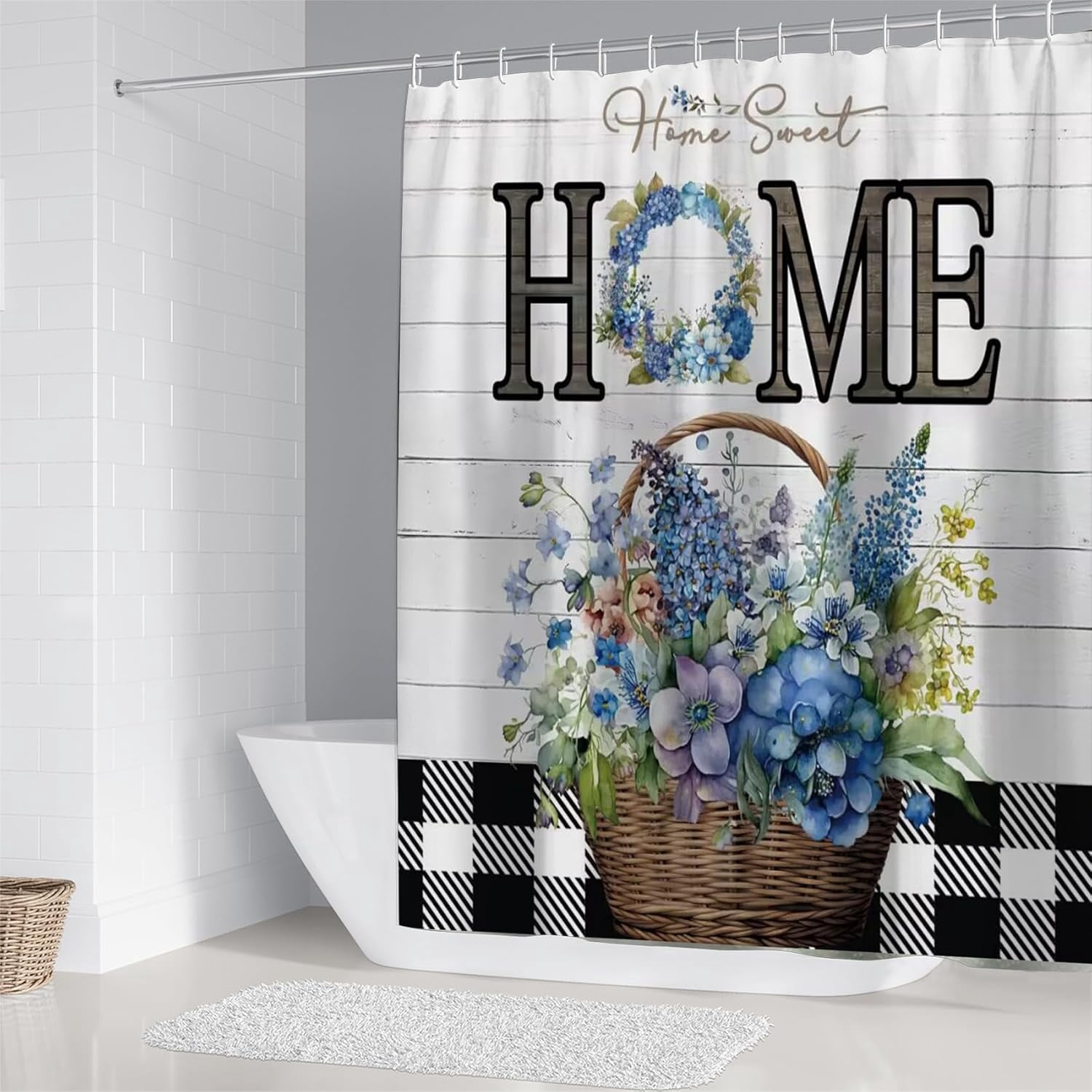 Blue Flower Shower Curtain Set Home Sweet Home Bathroom Sets Rustic Shower Curtain Set with Rugs,Bathroom Shower Curtain Set with Carpet Bath Mat Toilet Rugs