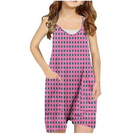 AJTQTH Rompers for Girls V-Neck Spaghetti Straps Jumpsuit Stylish Plaid Playsuit with Pockets Short Length Bodysuit Summer Loose Fit Clothes for School Casual Outdoor Hot Pink 9 Years