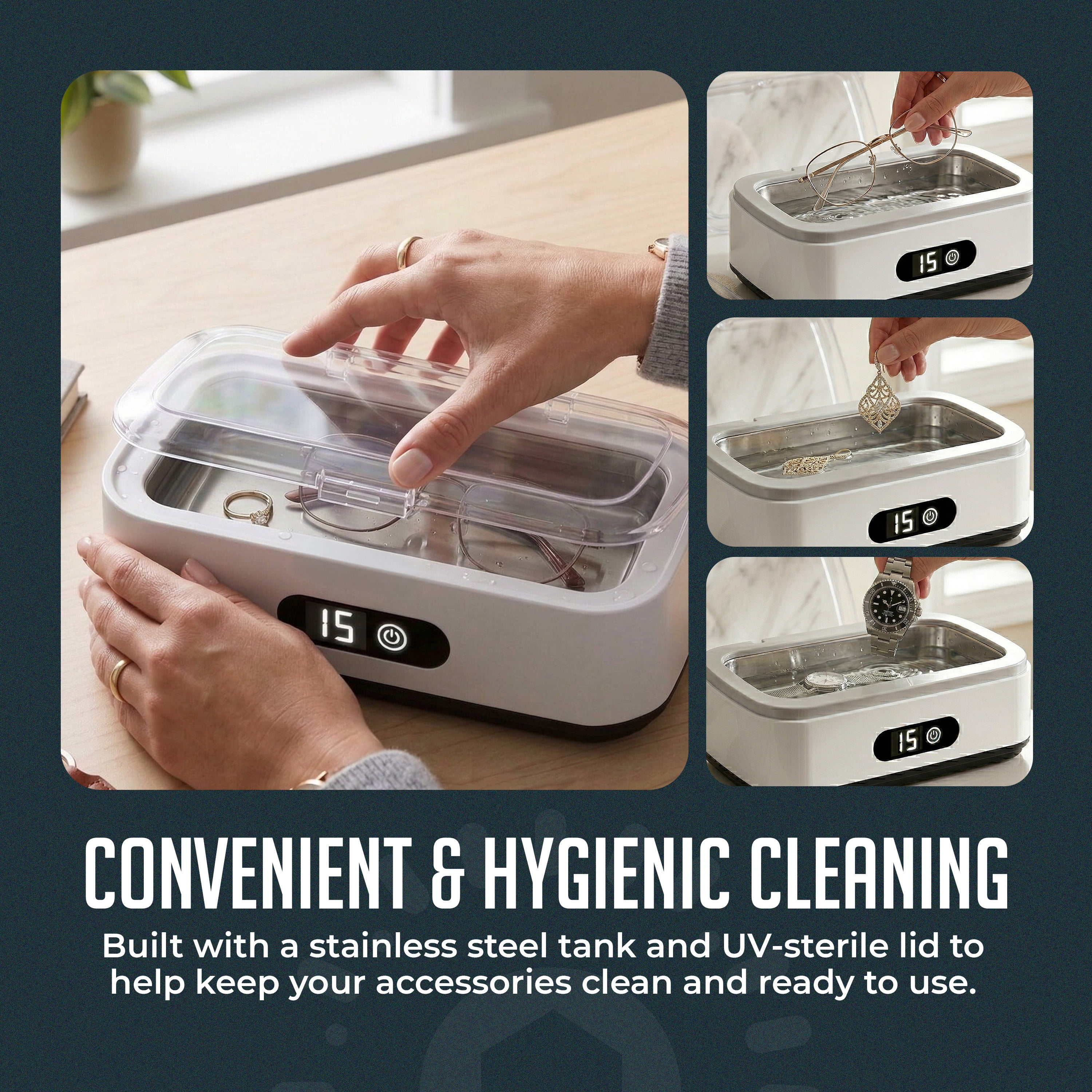 Portable Ultrasonic Jewelry Cleaner, Deep-Cleaning Machine for Eyeglasses, Watches, Dentures, Rings, Blades & More, Lightweight and Durable