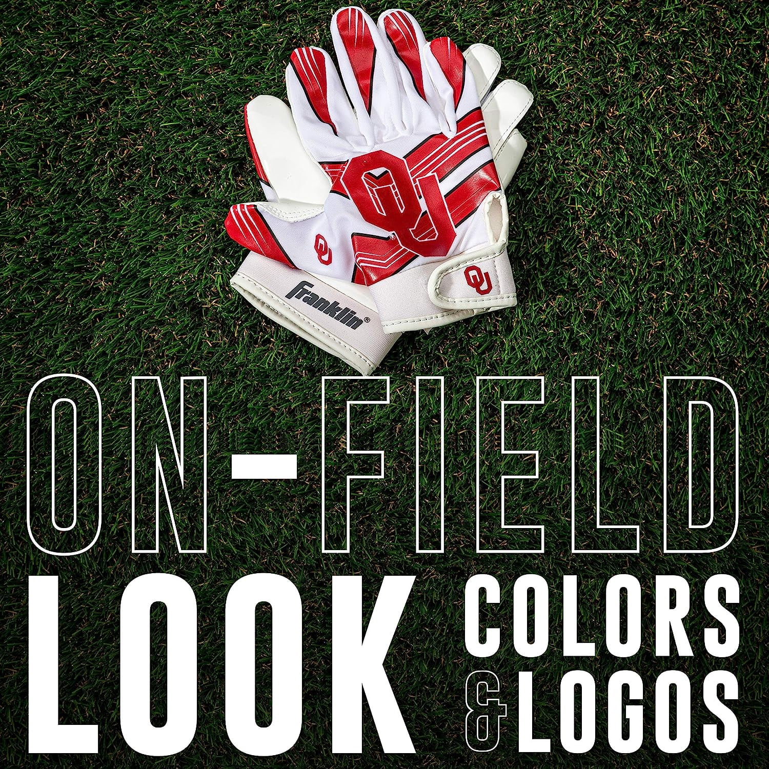 Franklin Sports Oklahoma Sooners Kids Football Receiver Gloves - Youth Official NCAA College Team Football Gloves - Silicone Palm Receiver Gloves for Kids Ages 7 -10 - Youth Small/Extra Small