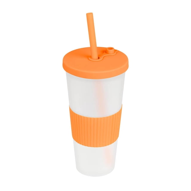 Vaso plástico de doble pared con acabado frosty, manga de silicón naranja 10 x 20.5
