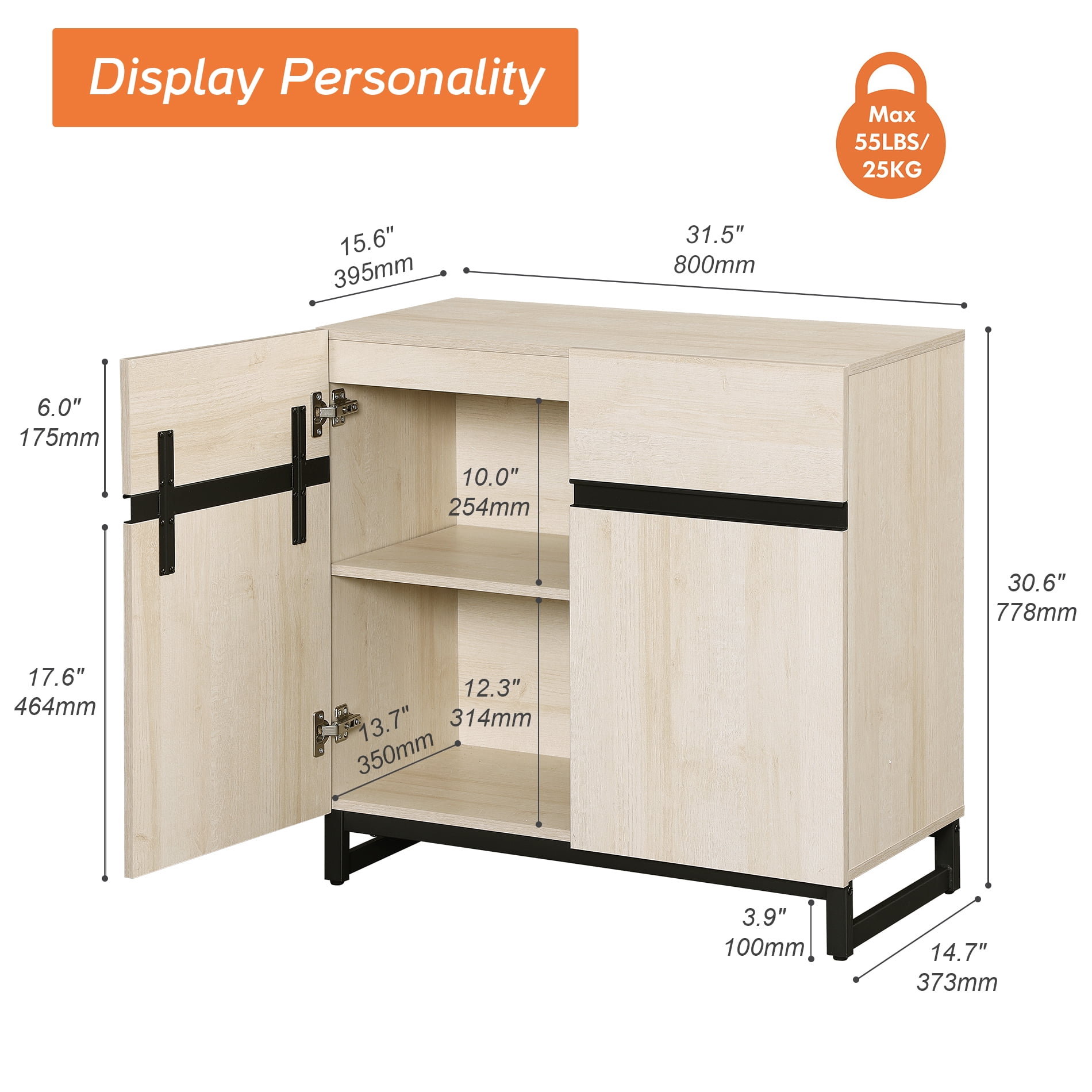 WAMPAT 31.5" Wide Multifunctional Sideboard Buffet with Adjustable Shelf & Metal Base, Modern Wood Grain Storage Cabinet for Dining Room, Living Room.