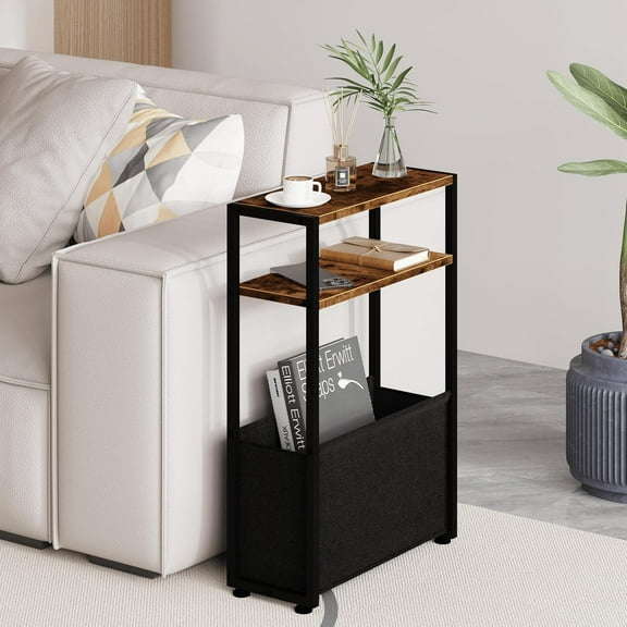 Narrow Side Table, Slim End Tables with Fabric Basket, Skinny Table for Small Spaces, Thin Bedside Table for Living Room, Bedroom