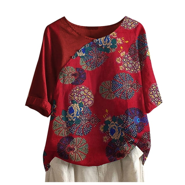 Vestidos Casuales Para Mujer, Blusas De Mujer De Moda Blusa informal de manga corta con cuello redondo y estampado para mujer