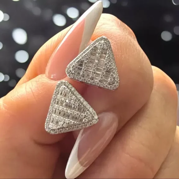 1.00ctw Baguette certified moissanite Triangle Shaped Iced Screwback Studs sterling sliver