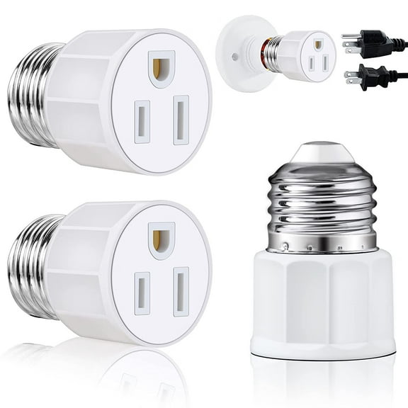 2Pcs E26/E27 3 Prong light socket adapter Outlet, Light Socket to Plug Adapter, Light Bulb Outlet Socket Adapters, for Home Porch Patio Garage, White