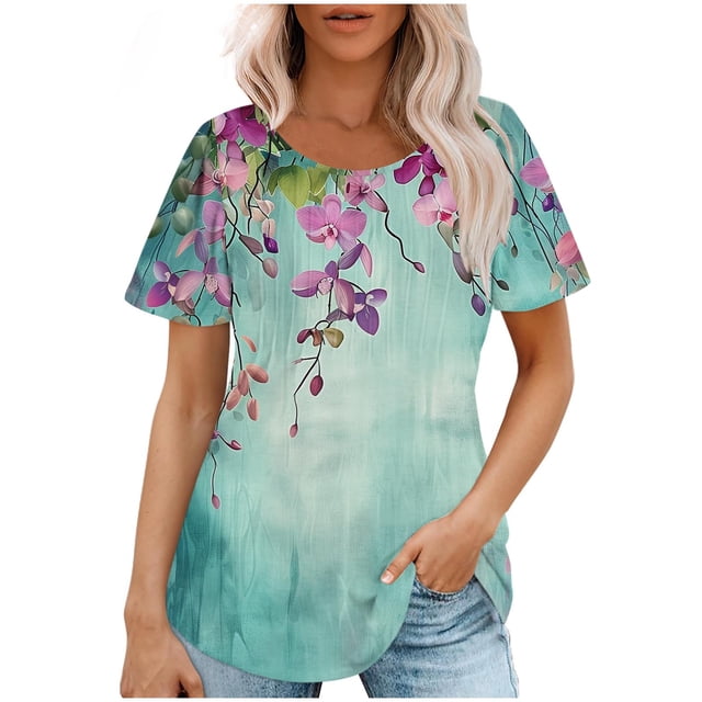 Hauts d'Été à Manches Courtes Femme Mode 2024 Blouses Plissées Chic Décontractées Col Rond T-Shirts de Couleur Unie (X-Grand, Bleu 06)