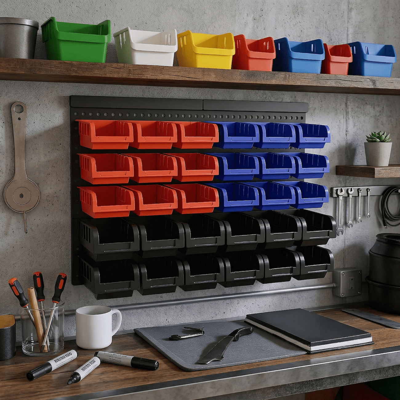 Howcool 30PCS Wall Mounted Storage Bins, Garage Pegboard Organizer System, Small Parts Storage Bins for Screws, Nuts & Bolts, Tool Organizer for Workshop Garage (Red Blue Black)