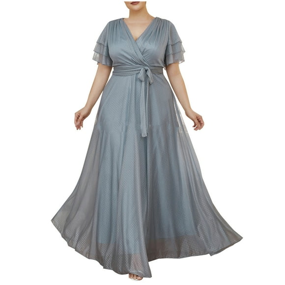 Summer Clearance 2025! Womens Plus Size Dress,Summer Dress Clearance for Womens,Ladies Plus-size Elegant Evening Dress Drop V Dress Dress High Waist Long Chiffon Dress