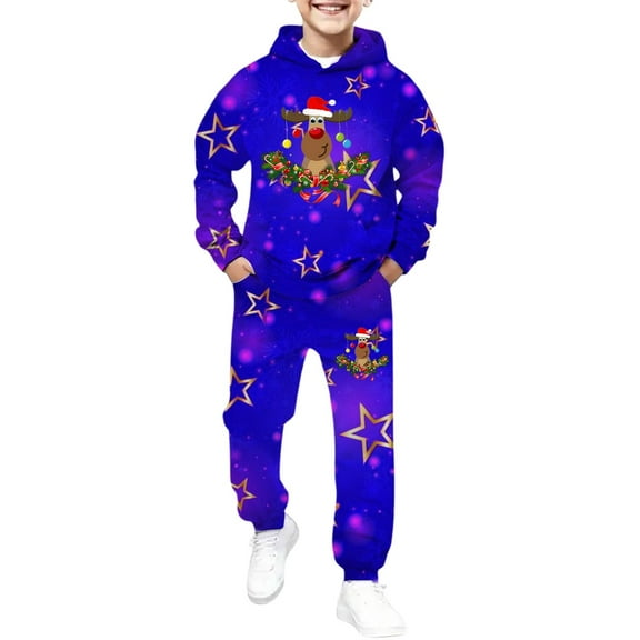 Christmas Boys Themed Print Hoodie and Jogger Pants Outfit 2 Piece Warm Loungewear for Holiday Kids Playwear Fit Youth Apparel