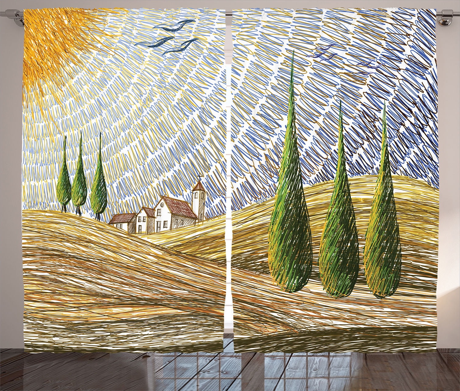 Tuscan Decor Curtains 2 Panels Set Van Gogh Style Italian Valley