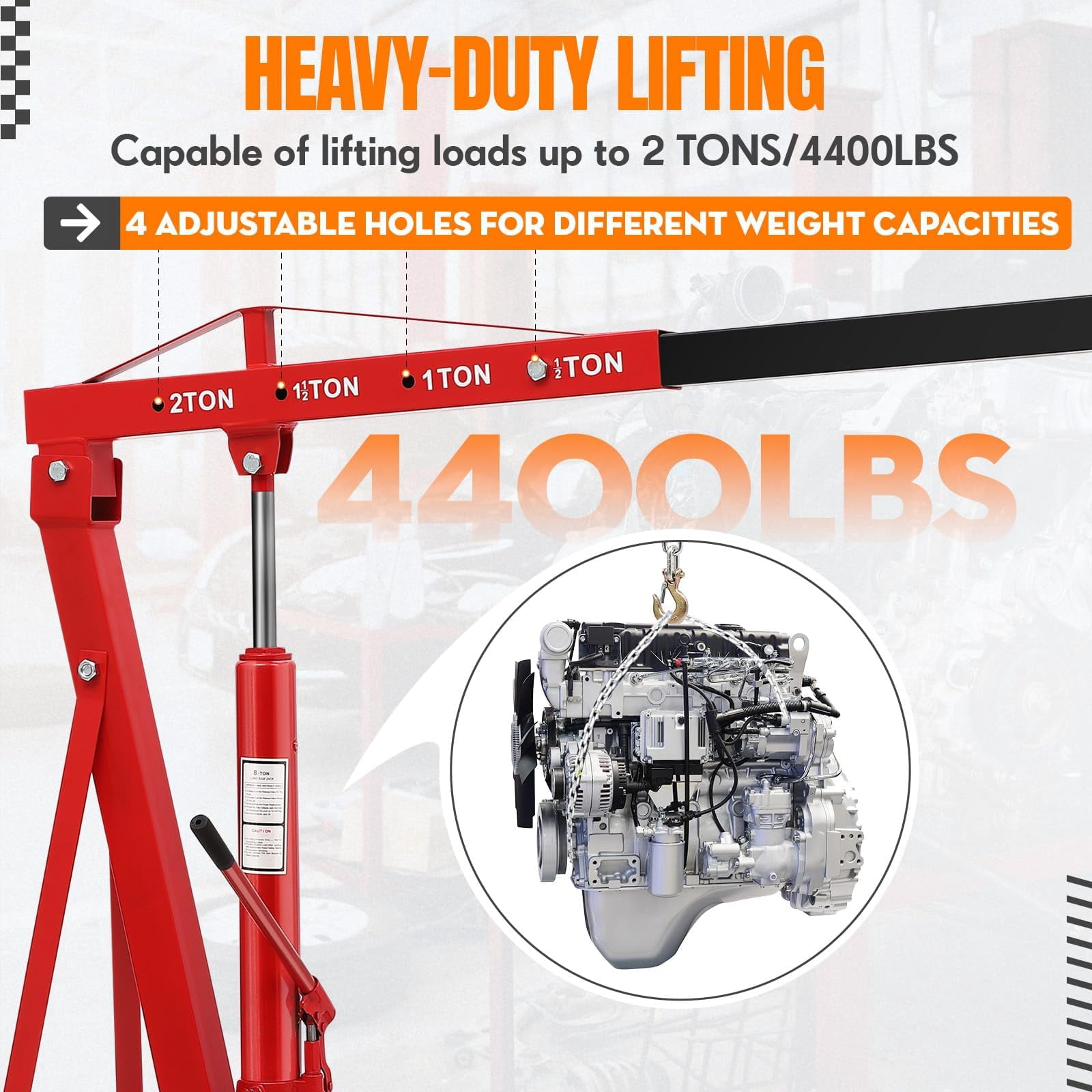 2 Ton Folding Hydraulic Engine Hoist - 4400 lbs Heavy Duty Cherry Picker Shop Crane - Telescopic Boom - 6 Swivel Casters - Adjustable Lift - Red - Without Lifting Gear, Fixed with U-Shaped Iron Piece