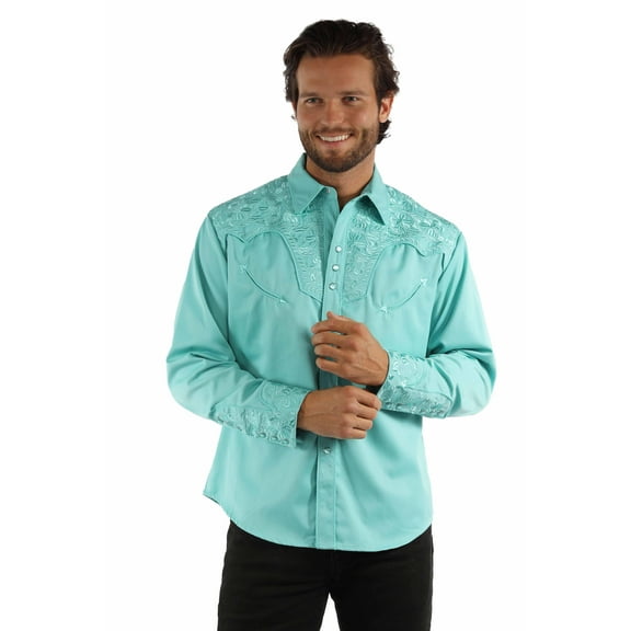 Scully P-634-CRB-L Mens Floral Tooled Embroidery Shirt, Caribbean - Large