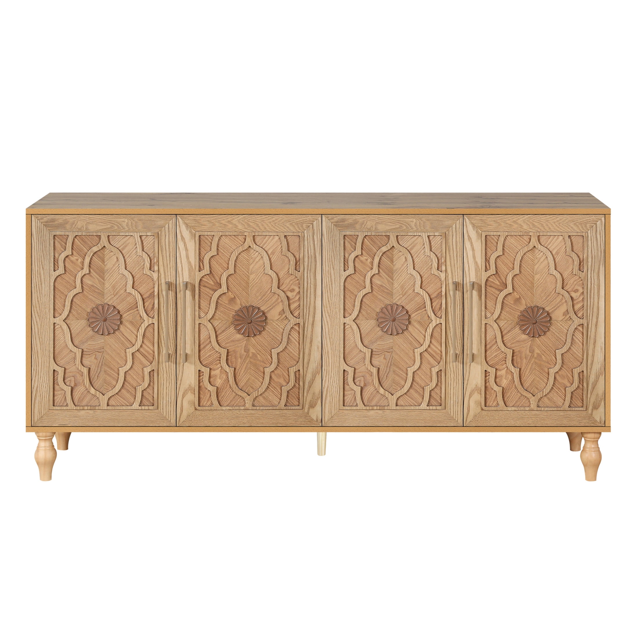 Noble House Carved Flower Door Large Storage Cabinet With Metal Handle Suitable For Living Room, Kitchen, Entryway, Natural Wood
