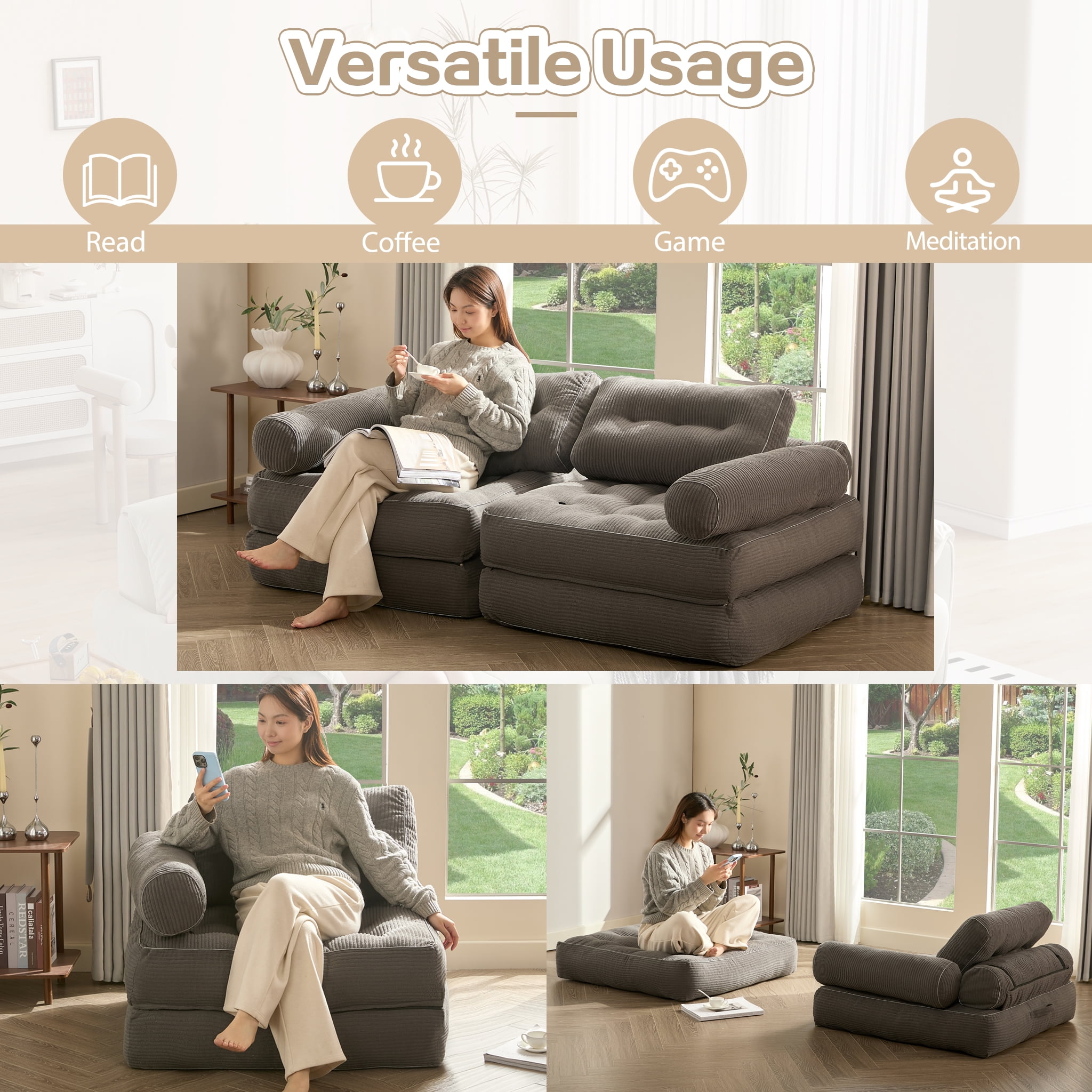 LAKPS Convertible Floor Sofa Bed Plus, Corduroy Modular Lounge Chair with Backrest & Pillow, Folding Tatami Sofa Sleeper for Living Room, Bedroom, Dorm, Gray