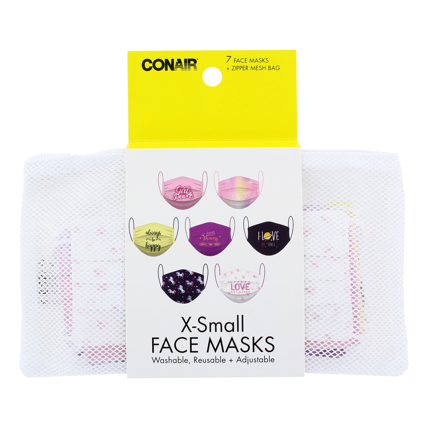 Conair Fashion Washable XSmall Face Mask with Zipper Mesh Bag, 7 Pack