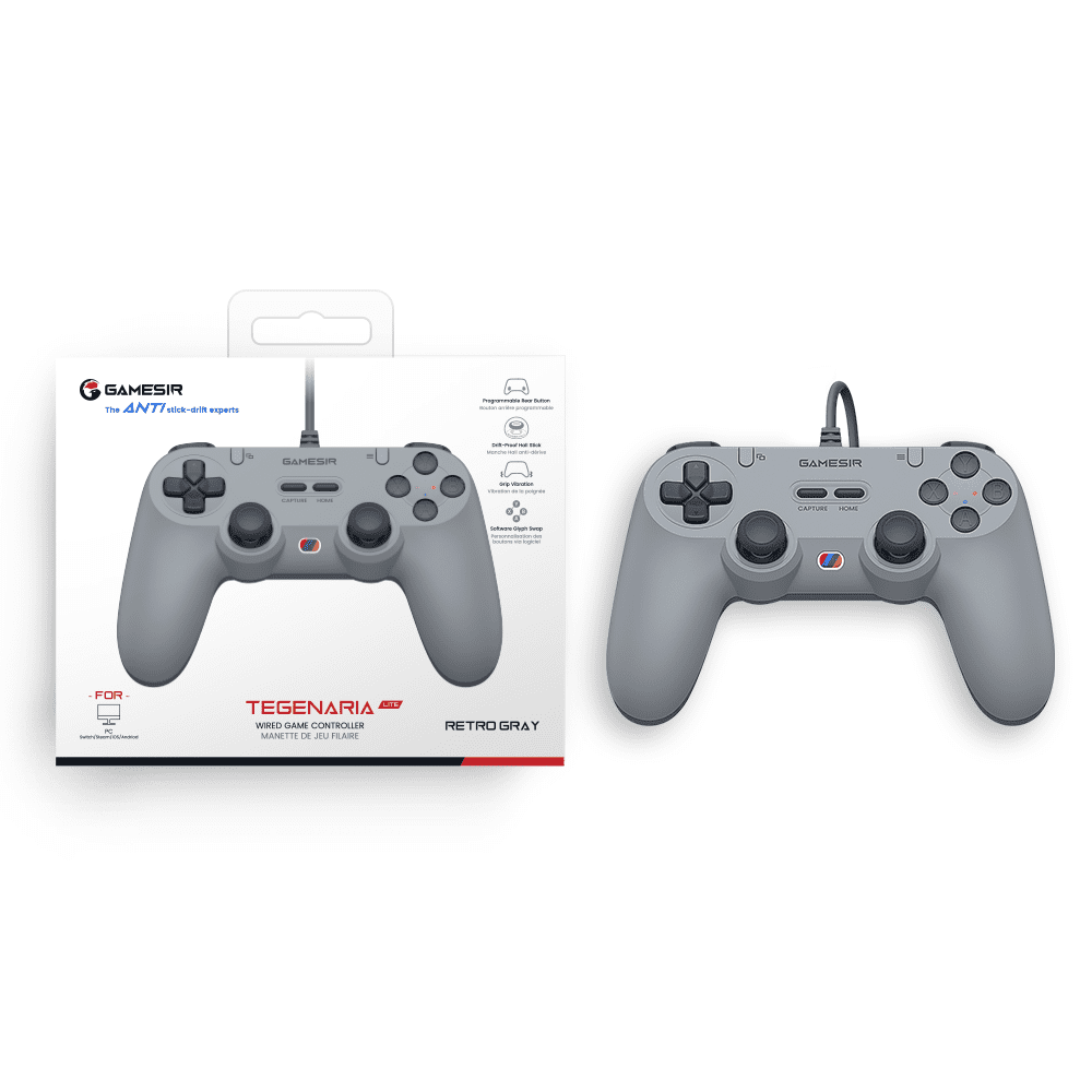GameSir Tegenaria Lite Wired Game Controller For Switch, Switch2, Android, iOS, PC, Steam With Hall Effect Sticks, 1000Hz Polling Rate, Dual Rumble Motors, Mappable Back Buttons-Retro Gray