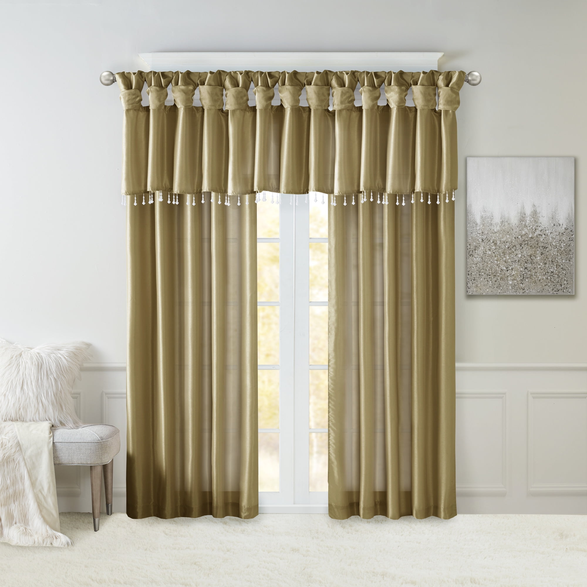 MAYEERTY 50x26" Lightweight Faux Silk Valance - With Beads, Bronze