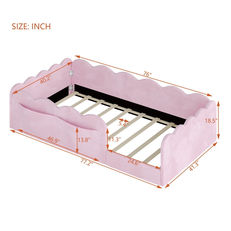 Twin Size Upholstered Floor Bed, Faux Rabbit Fur Daybed Frame with 2 Storage Pockets, Kids Bed with Wavy Design Fence