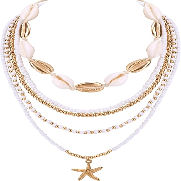 DESIGNICE 5pcs Summer Beach Necklace, Boho Shell Seashell Starfish Beaded Surfer Necklaces Set For Women Holiday Vacation Party Sea Friendship Jewelry Gift