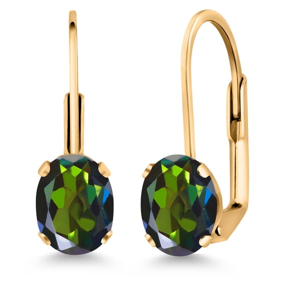 Gem Stone King Tourmaline Green Mystic Topaz Yellow Gold Plated Leverback Earrings for Women (1.60 Cttw, Gemstone Birthstone, Oval 7X5MM)
