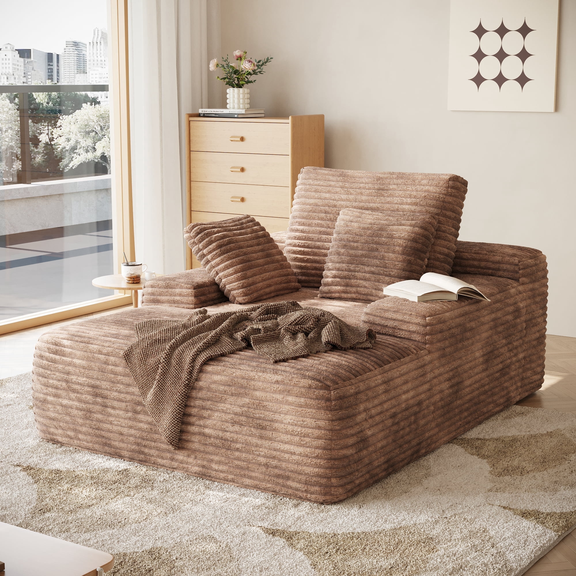 Sodrens 67" Oversized Chaise Lounge Chair Indoor,Cloud Plush Corduroy Upholstered Sofa Bed,Modern Deep Seat Sofa with Back Cushion,Pillows,Cozy Sleeper Couch for Living Room,Brown