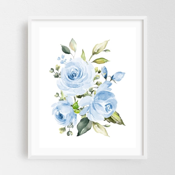 Blue Flowers, Watercolor Flowers, Blue Roses, Greenery, Boy Nursery - Illustration Watercolor Floral Flowers Botanical Garden Pastel Nature White Framed Wall Art Print 8 x 10 inches
