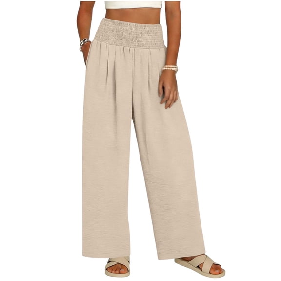 Hurxie High Waisted Wide Leg Palazzo Pants for Women Summer Beach Vacation Lounge Trousers with Pockets Trendy Khaki,L