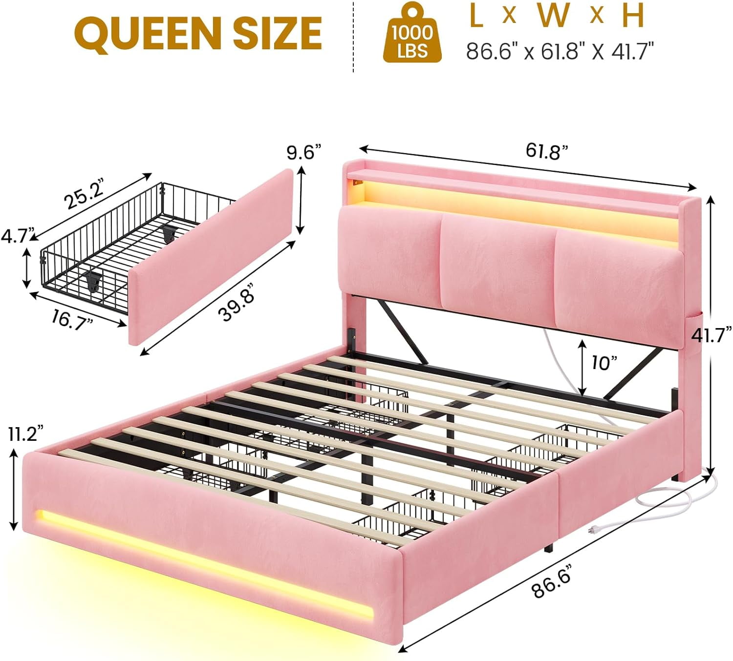 Queen Bed Frame with Storage Headboard and Charging Station, Velvet Upholstered Bed Frame Queen Size with 4 Drawers and LED Lights, Type C and USB, No Box Spring Needed, Pink