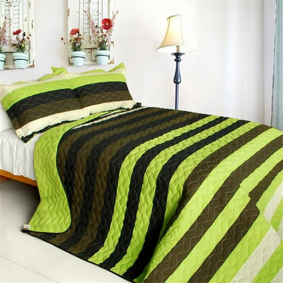 QTS01097-23 Olive - 3 Pieces Vermicelli-Quilted Patchwork Quilt Set  Full & Queen Size - Green