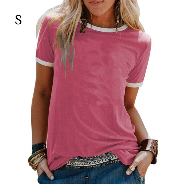 Camiseta de mujer Blusa informal de manga corta con costuras en bloques de color, rojo vino, XL seitruly AP002400-14