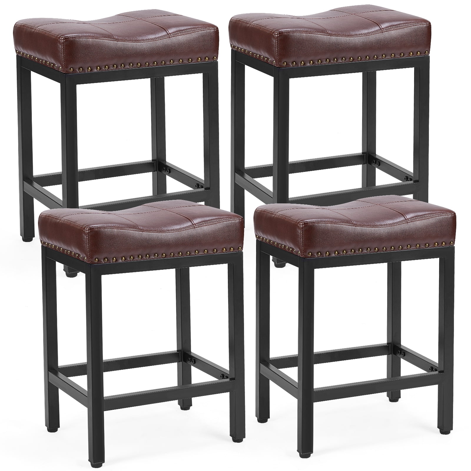 edx Bar Stools Set of 4, Modern Counter Height, 24 Inch Kitchen Barstools with Metal Base, PU Leather Saddle Seats for Kitchen Island, Brown