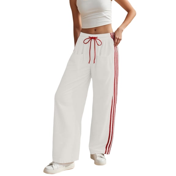 SONXAHE Drawstring Waist Wide Leg Pants for Women Side Stripe Casual Daily Trousers