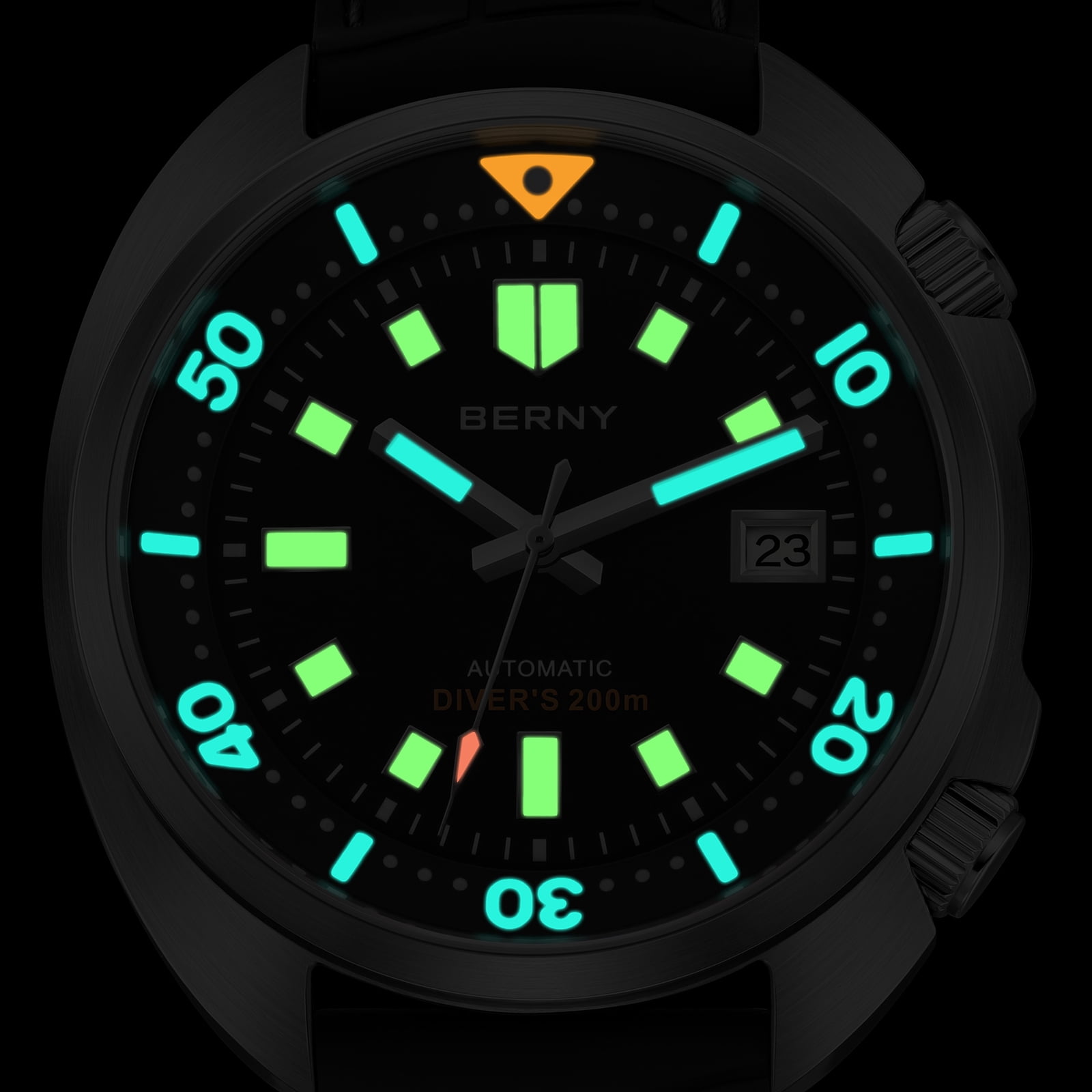 BERNY Automatic Dive Watches for Men, Sport 200M Waterproof Analog Mechanical Watch with Date Display, Super Luminous, Silicone Strap, Sapphire Crystal, Fashion Men's Diver Watch (Black)