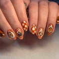 thumbnail image 4 of Tryvkinvive 24PCS Medium Almond Press On Nails,Orange Brown Checkered Vintage Black Cat Pumpkin Fake Nails,Reusable Full Cover Glue On Nails for Women Retro Halloween Looks, 4 of 7