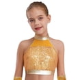 thumbnail image 3 of Haitryli Kids Girls Sparkly Jazz Dance Outfits Sequins Sleeveless Crop Top with Metallic Bell-Bottom Pants Hip Hip Disco Wear Gold 6, 3 of 7
