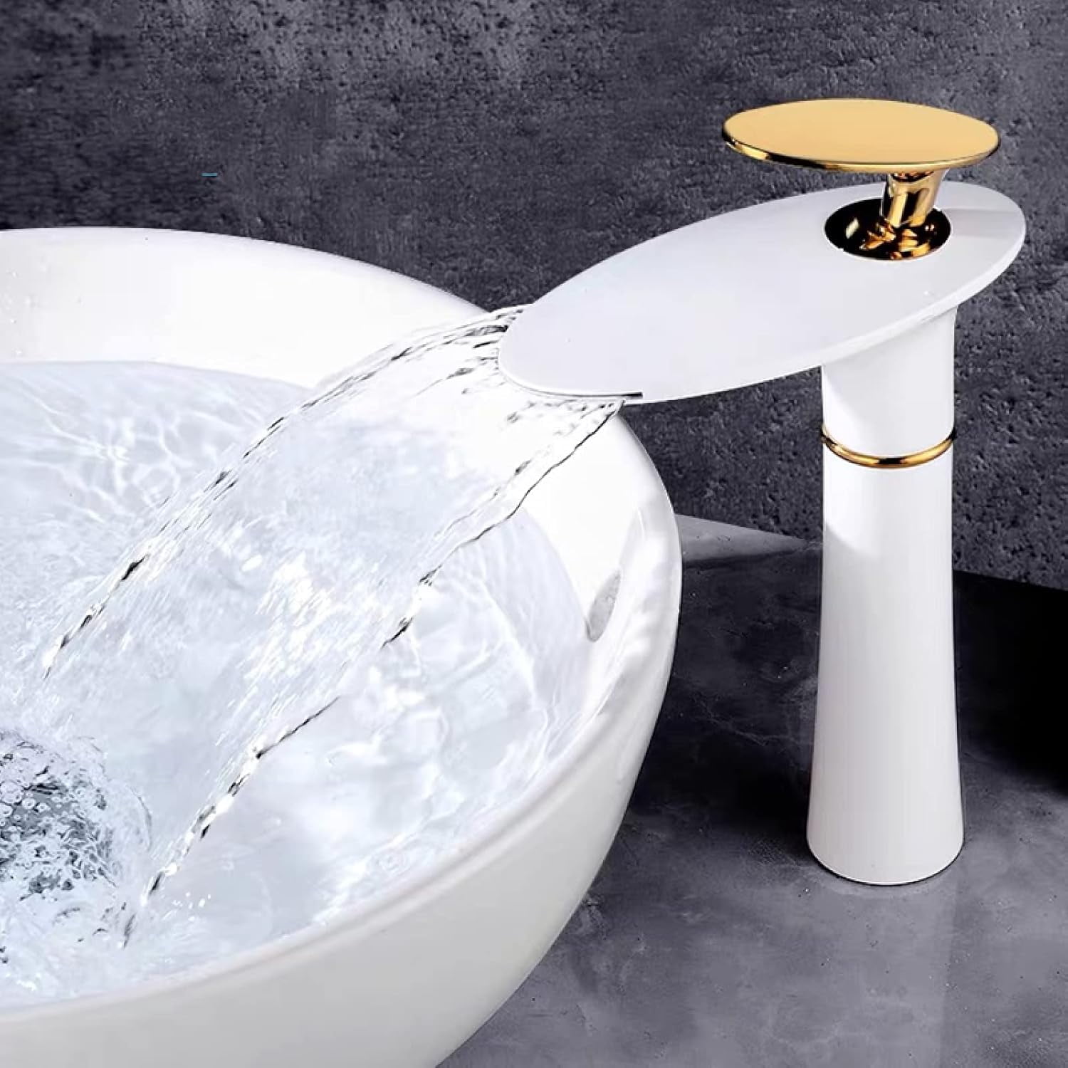 Basin Faucet Waterfall, Sink Faucet Hot and Cold Mix Tap, Brass Faucet Bathroom, Waterfall Single Handle Bathroom Sink Faucet, White Gold B, Short