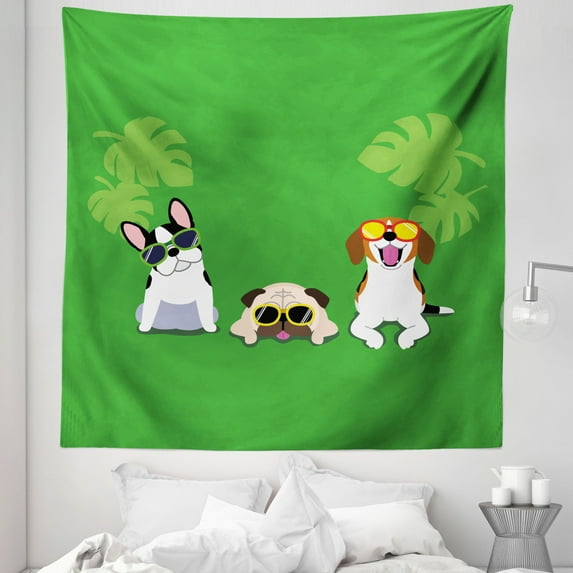 Funny Tapestry, Sunglasses Monstera Dogs Happy Crowd Summertime Cartoon Illustration, Fabric Wall Hanging Decor for Bedroom Living Room Dorm, 5 Sizes, Green Lime Green, by Ambesonne