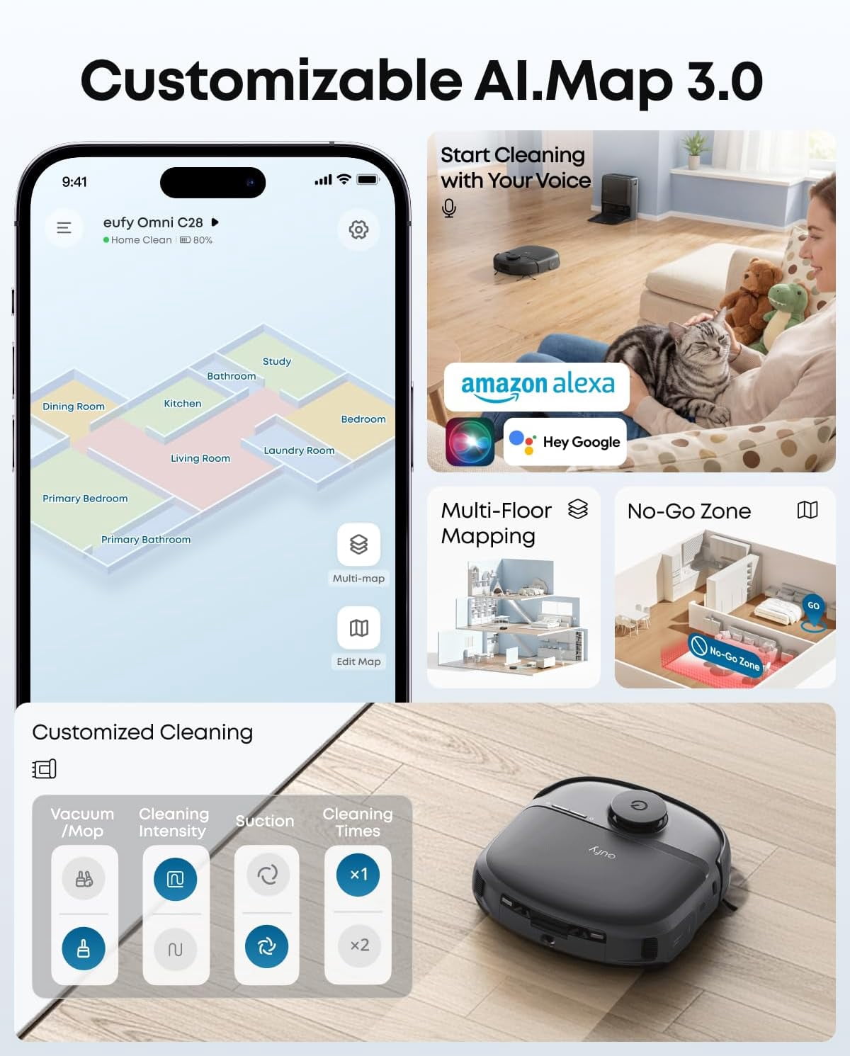 eufy Robot Vacuum and Mop Combo C28 with official solution, HydroJet Self-Cleaning Roller Mop, 15,000 Pa Turbo High Suction,Multi-Floor Mapping, No-Go Zones,Ideal for Pet Hair