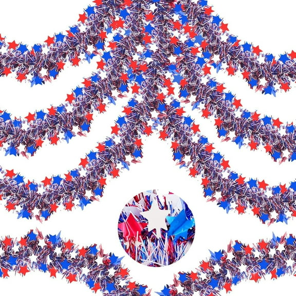 Topboutique Patriotic Tinsel Garland 8 Pcs 6.56 ft Metallic Star Red White Blue Garland 4th of July Decorations Independence Day Metallic Twist Hanging Garland for Staircase Railing,Total 52.5 ft