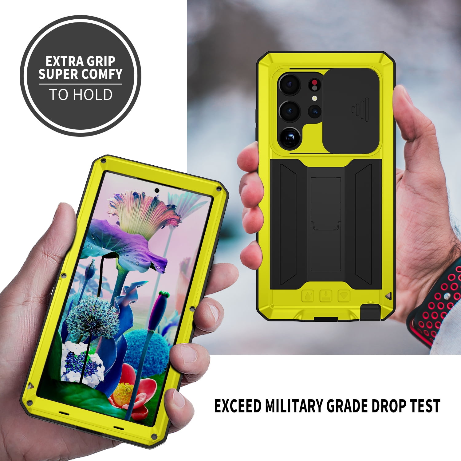 Case for Samsung Galaxy S23 Ultra,Decase Military Grade Shockproof Phone Case Built-in Front Screen Protector Heavy Duty Slide Camera Cover Magnetic Full Body Protective Stand Case - Yellow